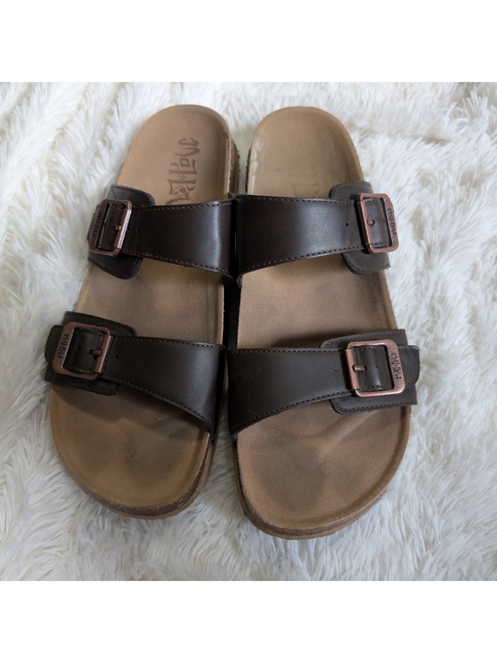 Mad Love Brown Double Strap Sandals with Copper Buckles Size 9